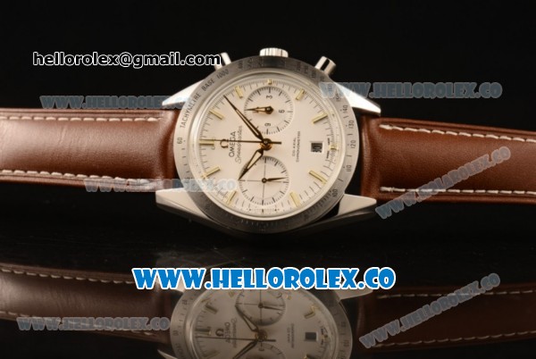 Omega Speedmaster'57 Co-Axial Chronograph Clone Omega 9300 Automatic Steel Case with White Dial Stick Markers and Brown Leather Strap (EF) - Click Image to Close